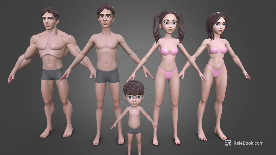 Group of 3D Character Models Male Female and Child Figures in Underwear Standing Pose 3d model