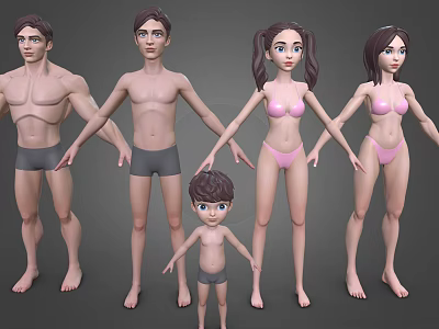 Group of 3D Character Models Male Female and Child Figures in Underwear Standing Pose 3d model