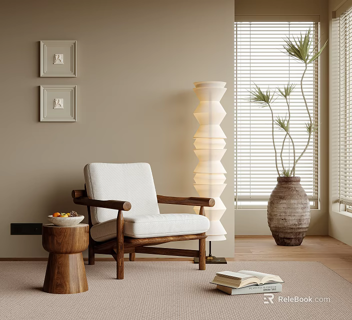 Wooden Lounge Chair With White Cushion Beige Wall Blinds Floor Lamp And Plant 3d model 