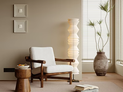 Wooden Lounge Chair With White Cushion Beige Wall Blinds Floor Lamp And Plant 3d model