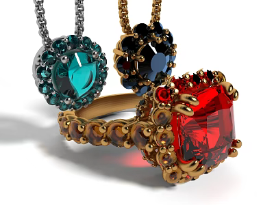Luxury Jewelry Collection Featuring Red Green Blue Gemstone Necklaces And Gold Ring 3d model