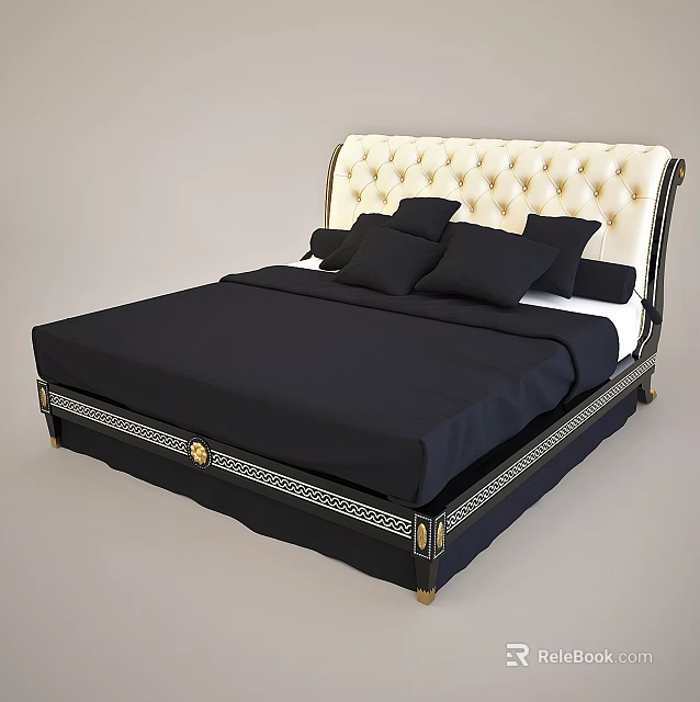 Elegant Double Bed With Tufted Headboard Gold Accents And Black Bedding 3d model