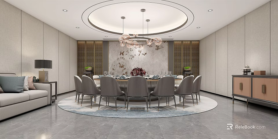Elegant Private Dining Room With Round Table Gray Chairs Circular Ceiling And Chinese Decor 3d model