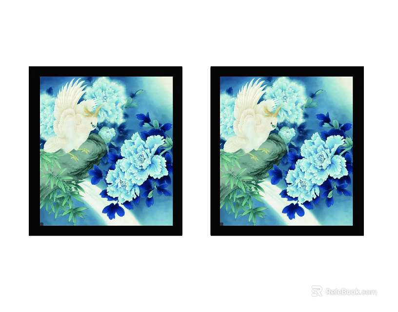 Decorative Botanical Paintings With White Bird Blue White Flowers Green Leaves And Black Frames 3d model 