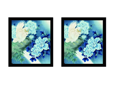 Decorative Botanical Paintings With White Bird Blue White Flowers Green Leaves And Black Frames 3d model