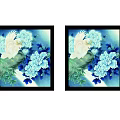 Decorative Botanical Paintings With White Bird Blue White Flowers Green Leaves And Black Frames