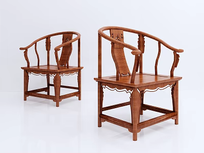 Two Chinese Style Wooden Leisure Chairs With Carved Design Curved Backrest And Armrests 3d model