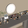 Elegant Perfume Cosmetics Display On Modern Dressing Table With Round Mirror And Green Plants