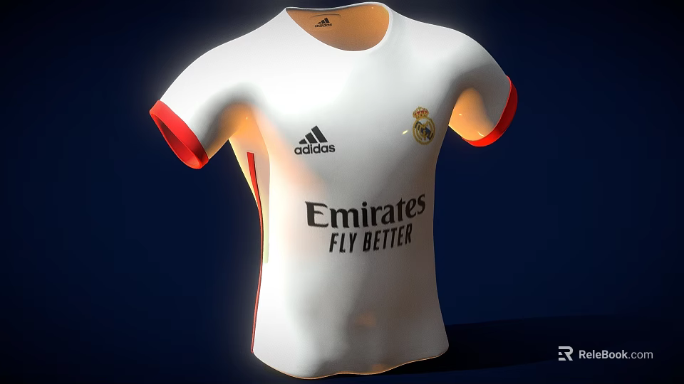 White Adidas Real Madrid Soccer Jersey With Red Sleeve And Emirates Fly Better 3d model 