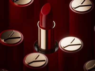 Red Lipstick Surrounded By Branded Cosmetic Tubes 3d model