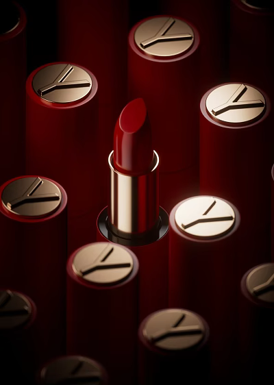 Red Lipstick Surrounded By Branded Cosmetic Tubes 3d model