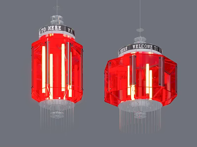 Pair of Red Pendant Lights With Welcome Text Transparent Shade And Illuminated Tubes 3d model