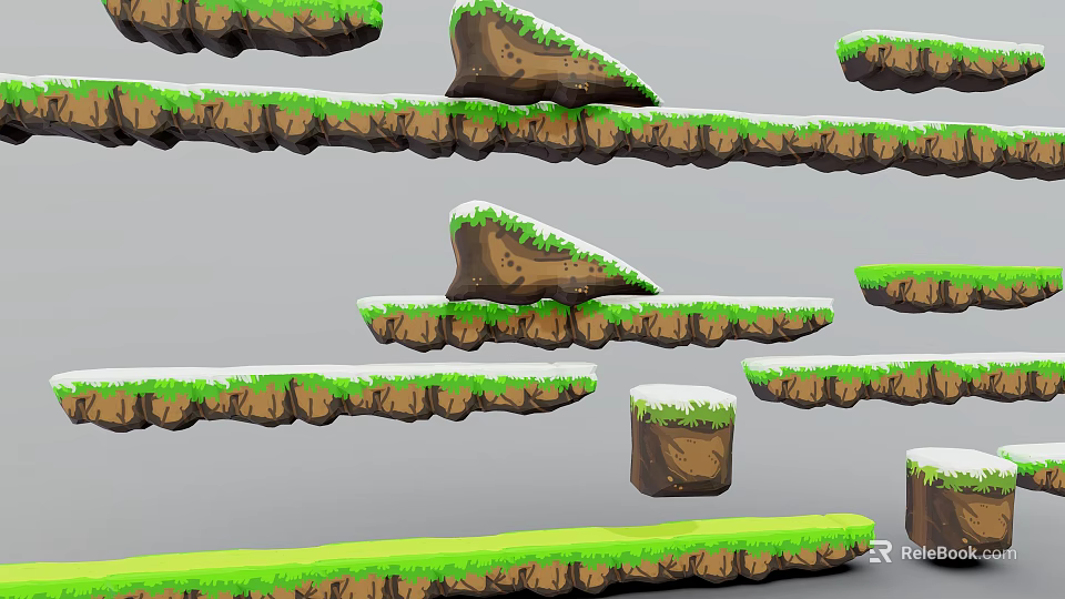 Cartoon Game Level Floating Rock Platforms With Green Grass And Rock Borders 3d model 