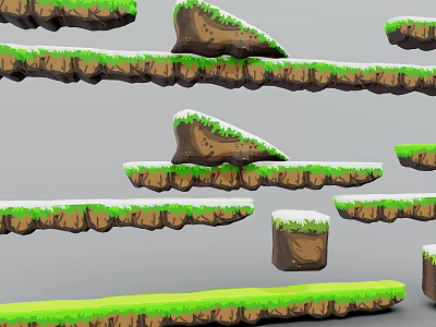Cartoon Game Level Floating Rock Platforms With Green Grass And Rock Borders 3d model
