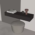 Modern Dressing Table With Gray Countertop Drawers Books Round Mirror And Upholstered Stool