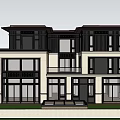 Modern Detached Villa Exterior With Large Glass Windows Dark Roof And Front Lawn
