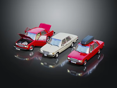 Three Vintage Cars Red Beige With Open Hood And Roof Rack 3d model