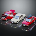 Three Vintage Cars Red Beige With Open Hood And Roof Rack