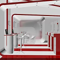 Modern Red And White Exhibition Booth Design With Display Counters White Seating And Digital Screens