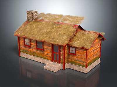 Exterior View Of Traditional Thatched House With Wooden Walls Chimney Windows And Door 3d model