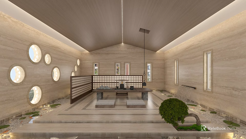 Traditional Study Room Interior With Wooden Lattice Bookshelves Stone Floor And Green Plant 3d model 