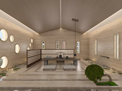 Traditional Study Room Interior With Wooden Lattice Bookshelves Stone Floor And Green Plant 3d model
