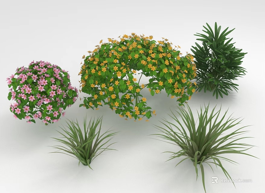 Colorful Flowering And Green Leaf Plants With Pink Yellow Blooms And Arch Shapes 3d model 