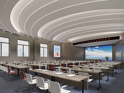 Modern Large Conference Room Interior With Long Tables Chairs Large Screen Windows And Lighting Design 3d model