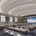 Modern Large Conference Room Interior With Long Tables Chairs Large Screen Windows And Lighting Design