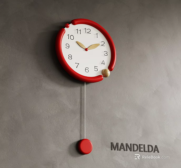 Red Wall Clock Featuring White Dial Black Numbers Golden Hands Red Pendulum on Gray Wall 3d model 