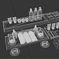 Bathroom Amenities Set With Wooden Trays Towels Toiletries Bottles And Soap Dishes