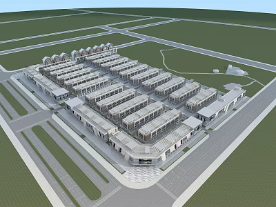 Aerial View Of Large Industrial Park With Neatly Arranged Buildings And Road Network 3d model