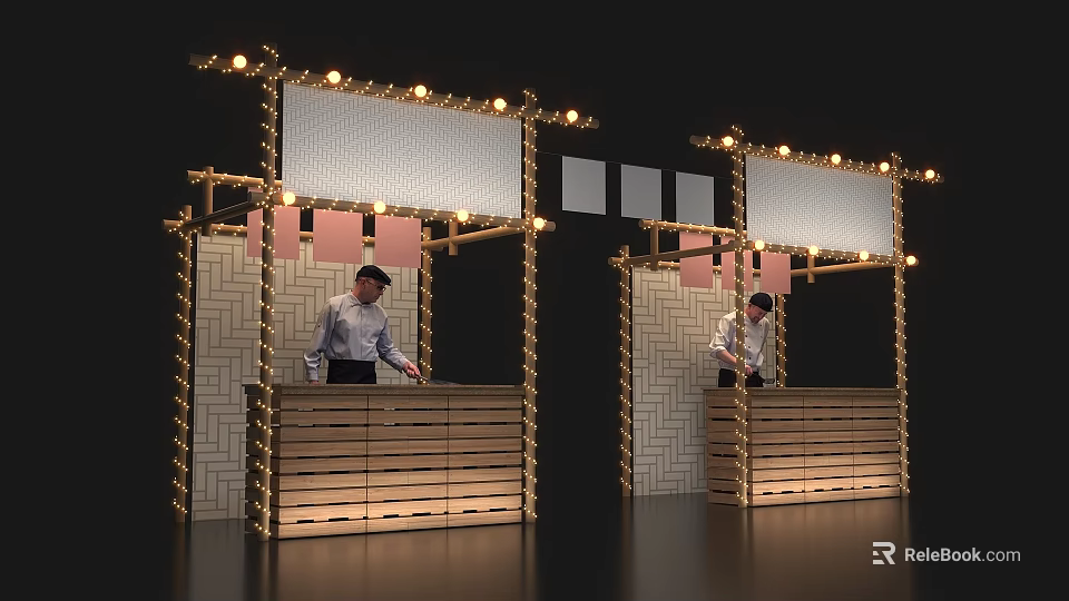 Stylish Tea Break Area With Wooden Counters String Lights Geometric Backdrops White Boards And Staff 3d model 