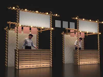 Stylish Tea Break Area With Wooden Counters String Lights Geometric Backdrops White Boards And Staff 3d model