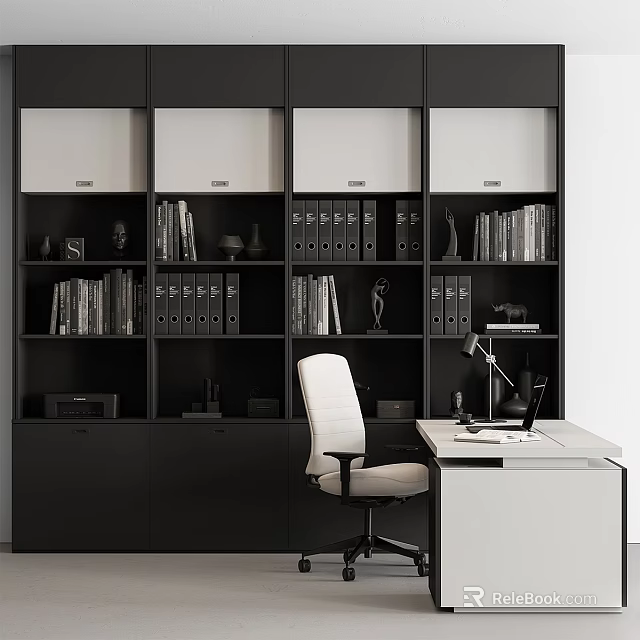 Modern Black And White Bookcase Interior Design With Books Decorative Statues And Desk Chair 3d model 