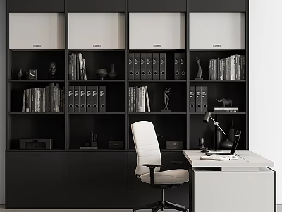 Modern Black And White Bookcase Interior Design With Books Decorative Statues And Desk Chair 3d model
