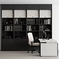 Modern Black And White Bookcase Interior Design With Books Decorative Statues And Desk Chair