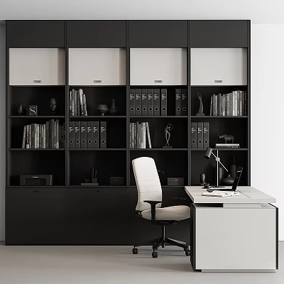 Modern Black And White Bookcase Interior Design With Books Decorative Statues And Desk Chair 3d model