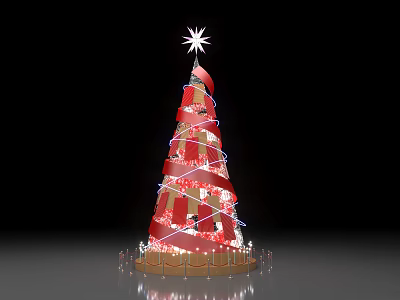 Illuminated Christmas Tree With Red Gold Ribbons Star And Decorative Lights 3d model