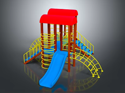 Colorful Playground Equipment With Red Roof Yellow Railings Blue Slide Spiral Structure And Steps 3d model