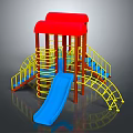 Colorful Playground Equipment With Red Roof Yellow Railings Blue Slide Spiral Structure And Steps