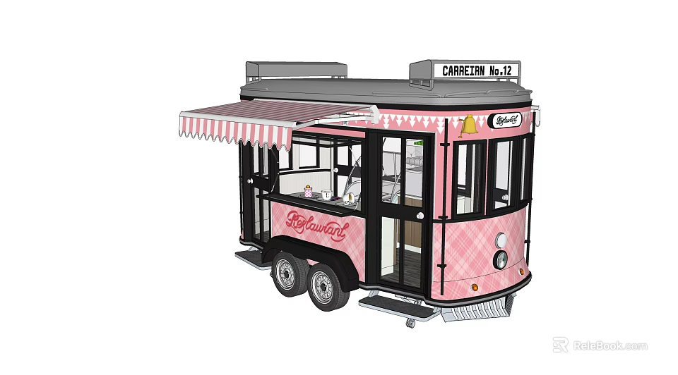 Pink Mobile Functional Vehicle With Striped Awning Offering Baking And Brewing Services 3d model 