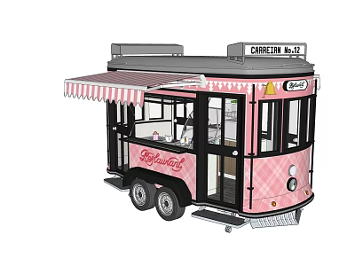 Pink Mobile Functional Vehicle With Striped Awning Offering Baking And Brewing Services 3d model