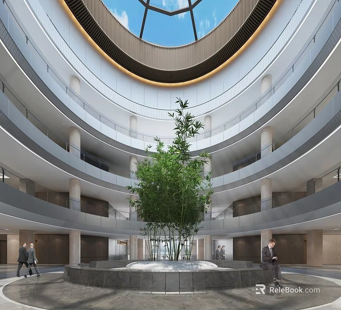 Modern Reception Area In Multi Level Circular Lobby With Central Green Plant And Skylight 3d model 