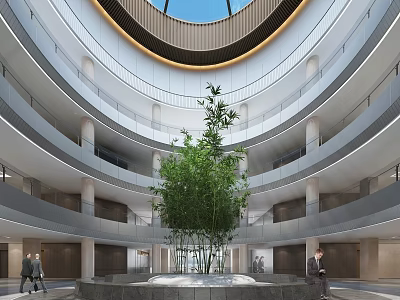 Modern Reception Area In Multi Level Circular Lobby With Central Green Plant And Skylight 3d model