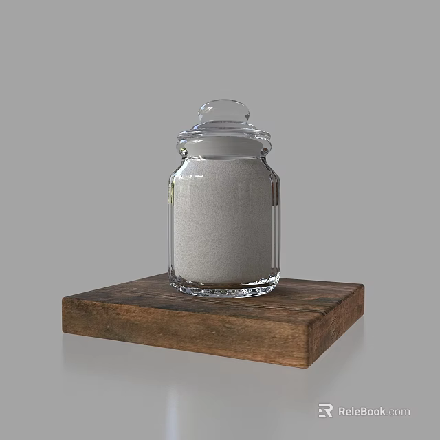 Clear Glass Spice Jar Filled With White Powder On Wooden Base 3d model 