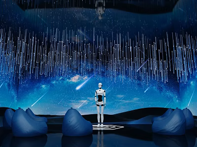 Robot Standing In Starry Sky Scene With Meteor Shower And Blue Mountain Structures 3d model
