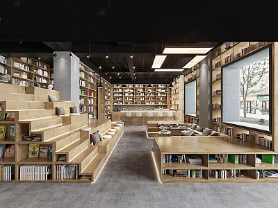 Book Art Inspired Library Interior With Wooden Bookshelves Stepped Seating And Large Windows 3d model