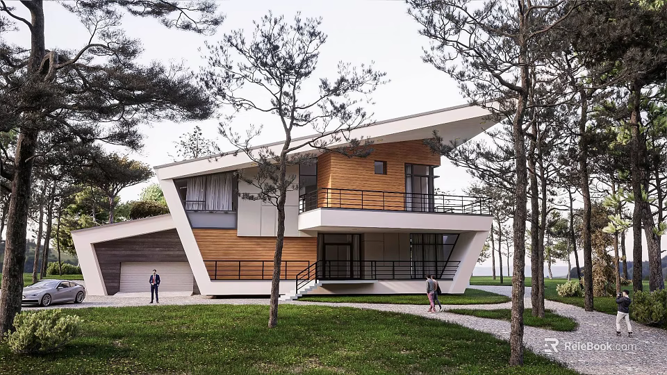 Modern Single Family Villa With Sloped Roof Wooden Elements And Lawn Surrounded By Trees 3d model 