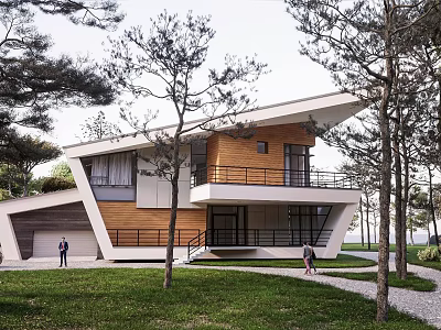 Modern Single Family Villa With Sloped Roof Wooden Elements And Lawn Surrounded By Trees 3d model